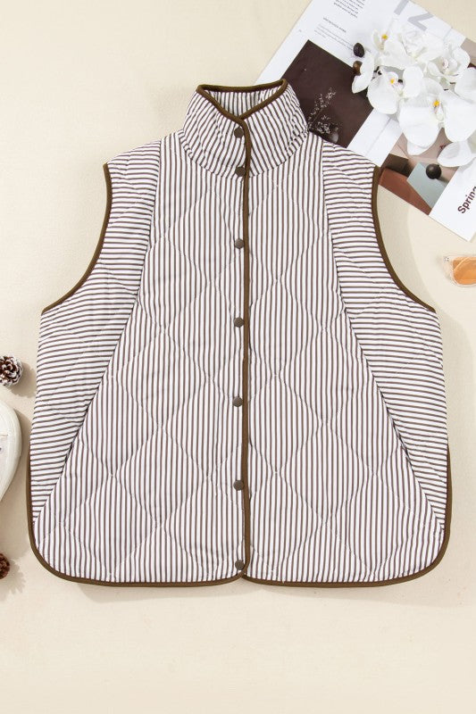 Plus Size Stripe Quilted Snap Button Vest STYLE SOURCE