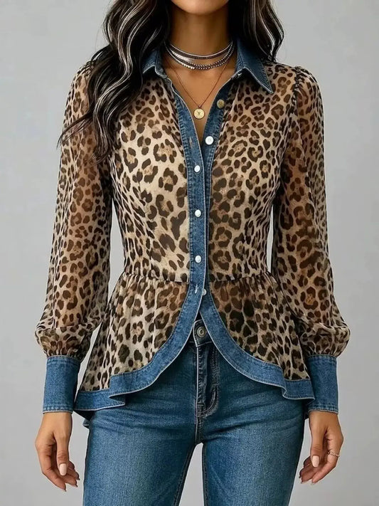 Denim Contrast Trim Leopard Shirt STYLE SOURCE