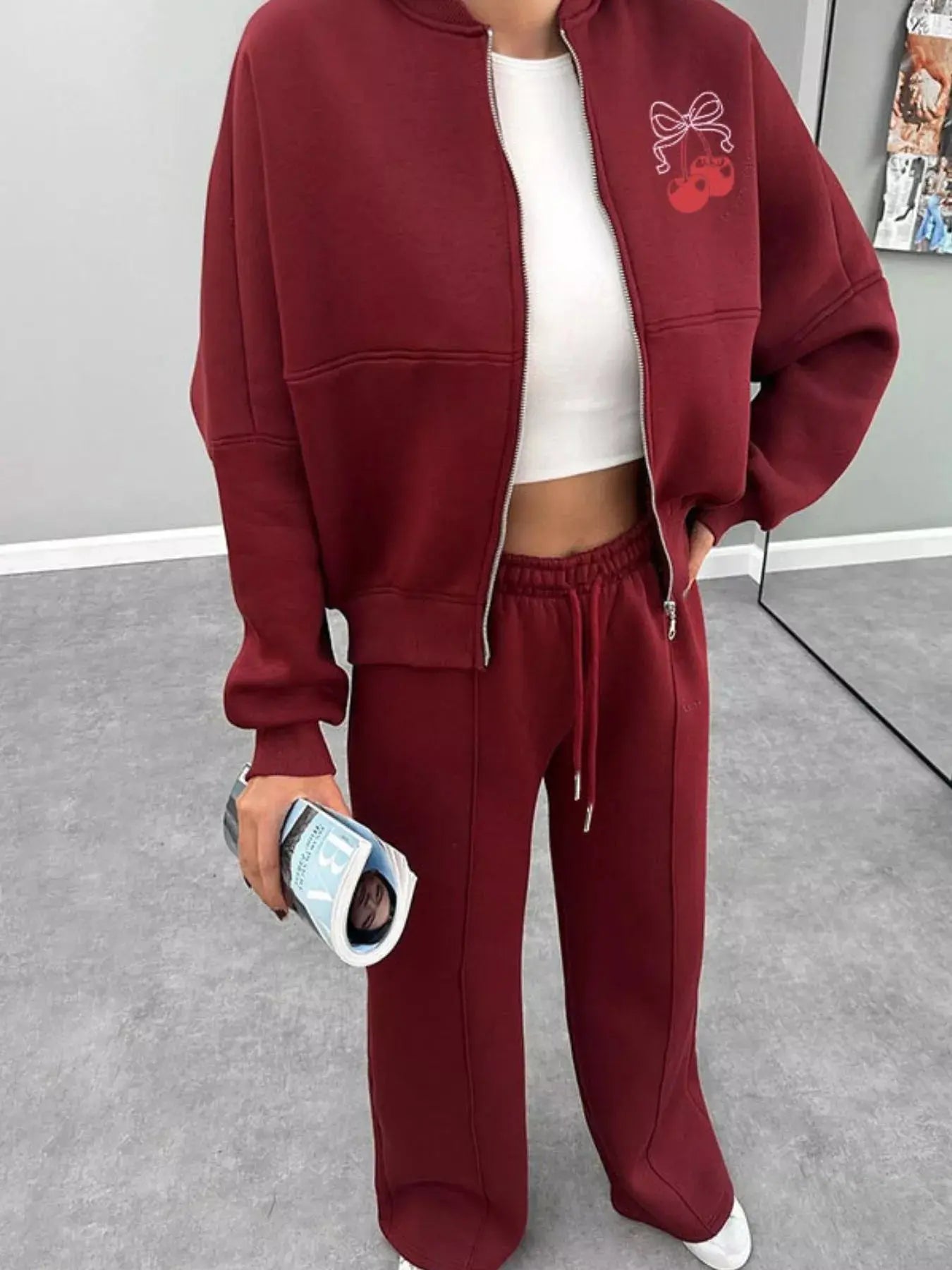 Zip Up Dropped Shoulder Outerwear and Pants Set STYLE SOURCE