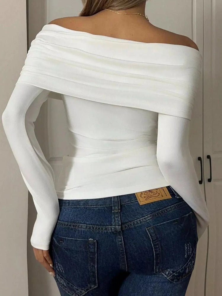 Off-Shoulder Ruched Long Sleeve T-Shirt STYLE SOURCE