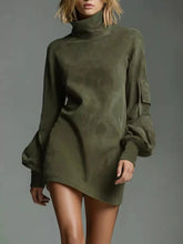 Full Size Suede Turtleneck Lantern Sleeve Mini Dress Plus Size STYLE SOURCE