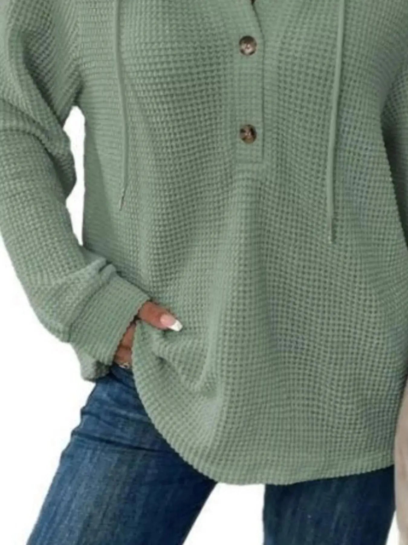 Full Size Button Detail Waffle Knit Hoodie Plus Size STYLE SOURCE