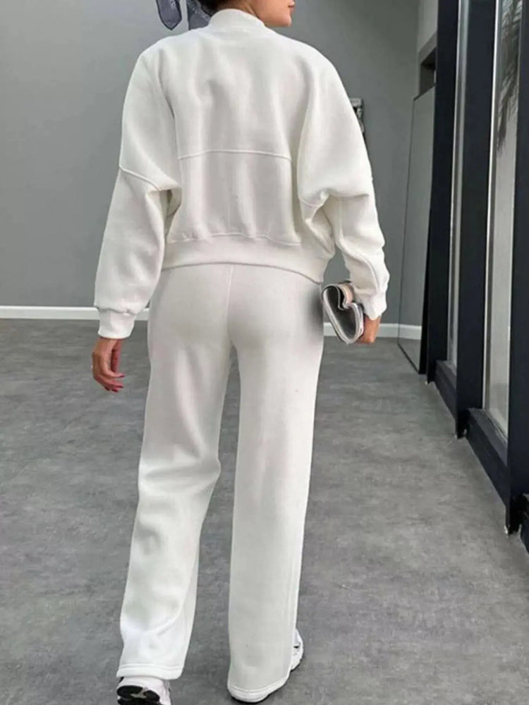 Zip Up Dropped Shoulder Outerwear and Pants Set STYLE SOURCE