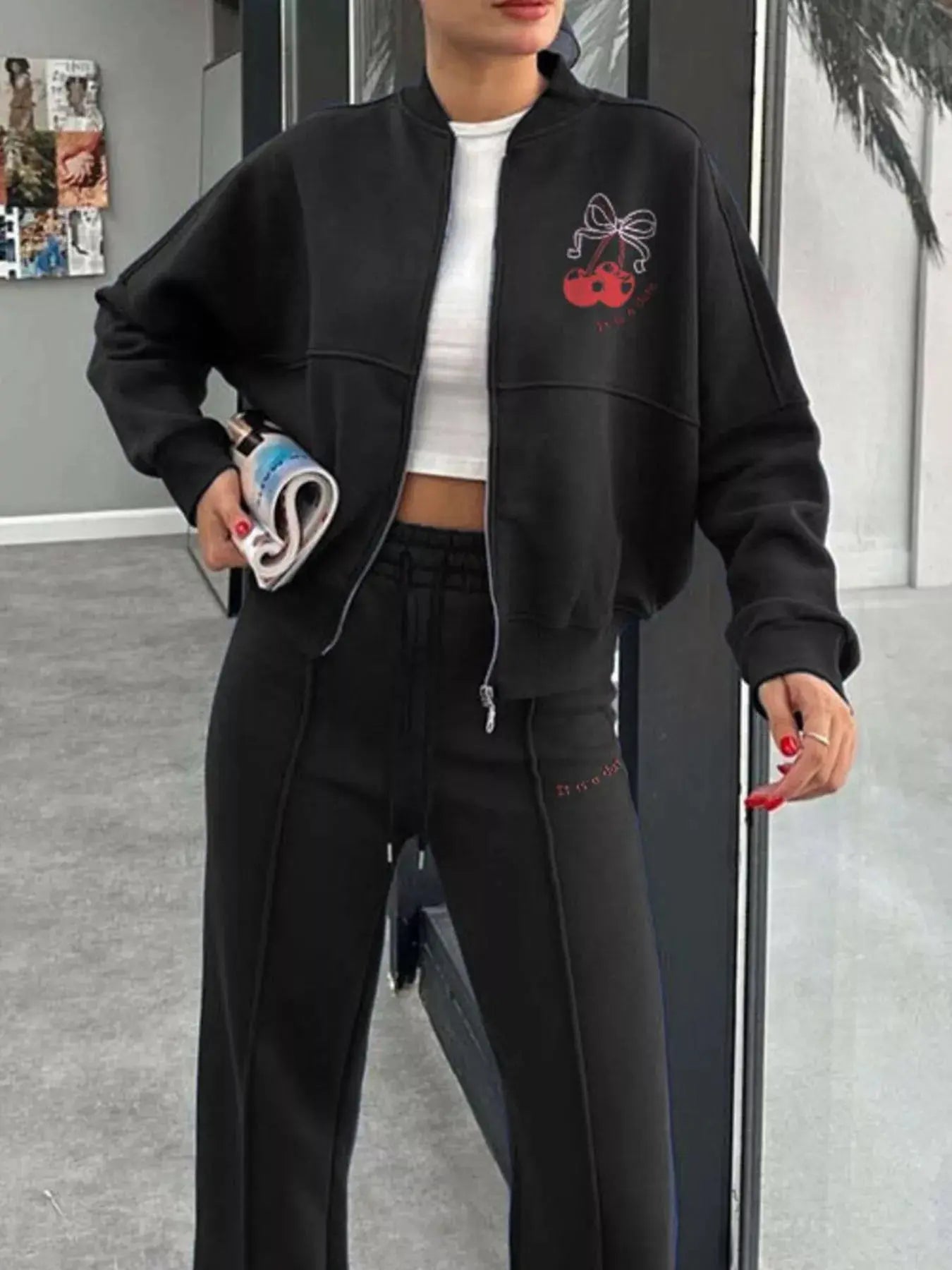 Zip Up Dropped Shoulder Outerwear and Pants Set STYLE SOURCE