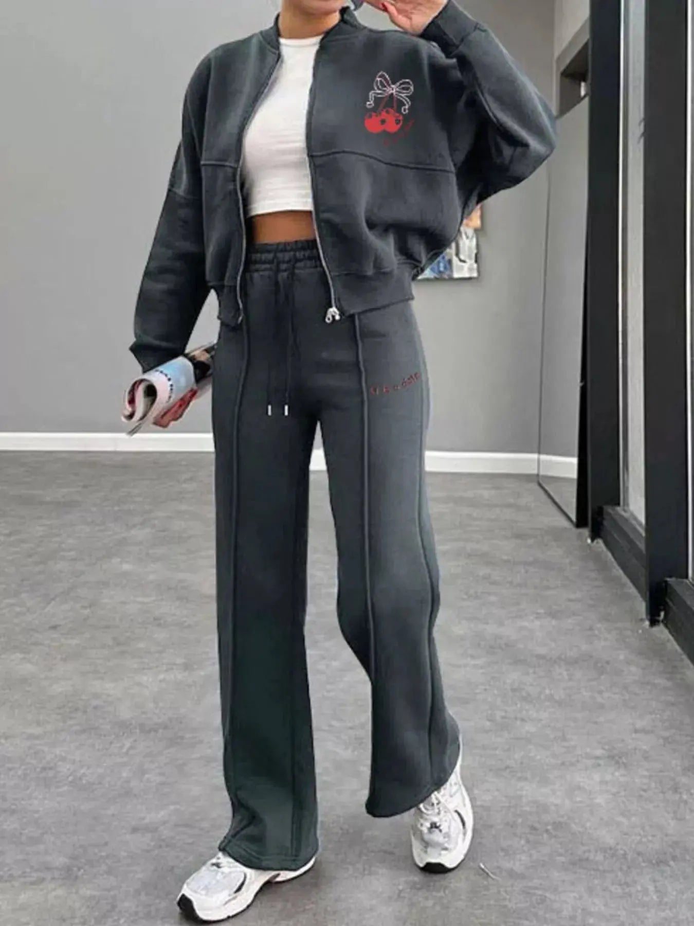 Zip Up Dropped Shoulder Outerwear and Pants Set STYLE SOURCE