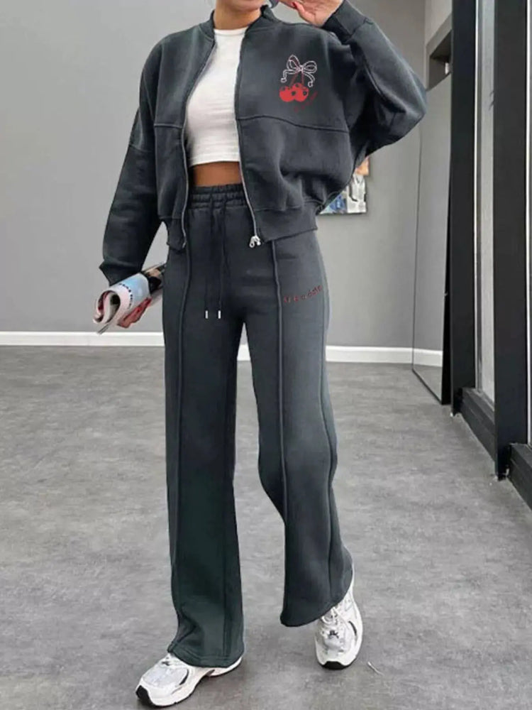 Zip Up Dropped Shoulder Outerwear and Pants Set STYLE SOURCE