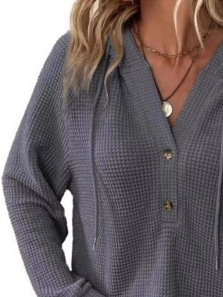 Full Size Button Detail Waffle Knit Hoodie Plus Size STYLE SOURCE