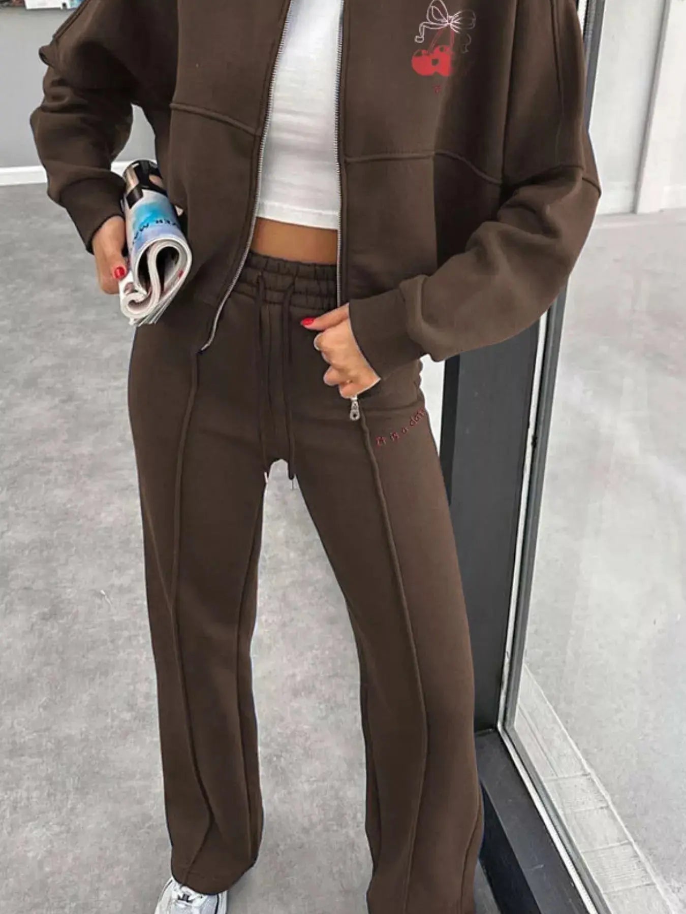 Zip Up Dropped Shoulder Outerwear and Pants Set STYLE SOURCE