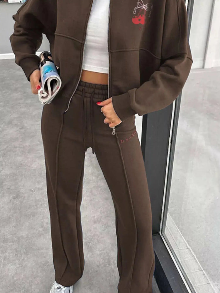 Zip Up Dropped Shoulder Outerwear and Pants Set STYLE SOURCE