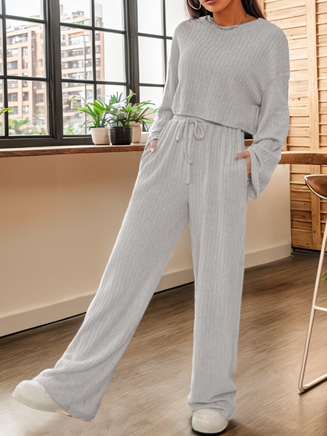 Ribbed Round Neck Top and Drawstring Pants Set STYLE SOURCE