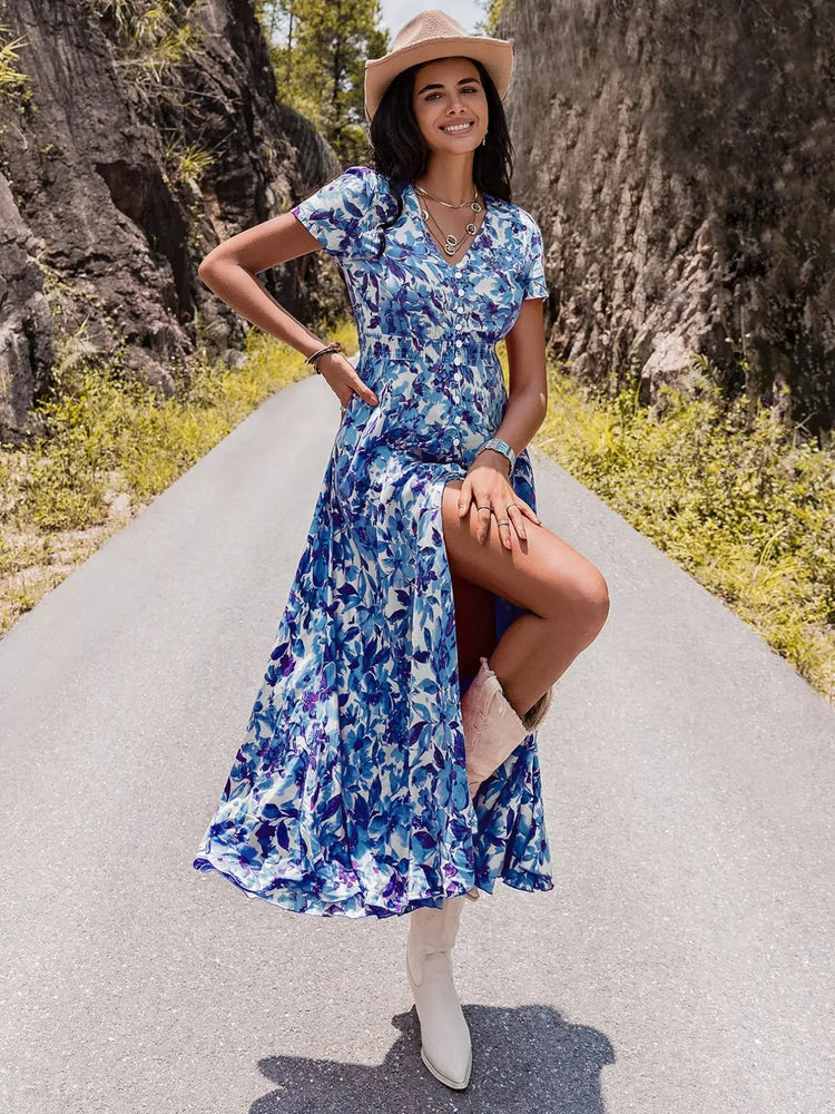Floral Print V-Neck Slit Midi Dress STYLE SOURCE