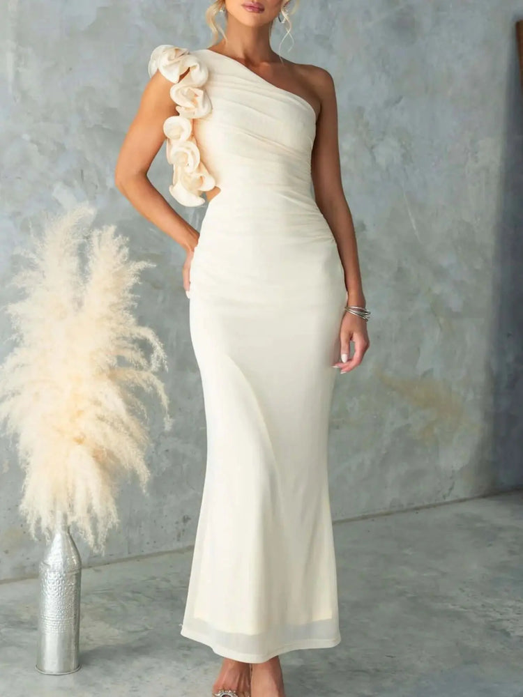 One-Shoulder Floral Trim Sleeveless Maxi Dress STYLE SOURCE