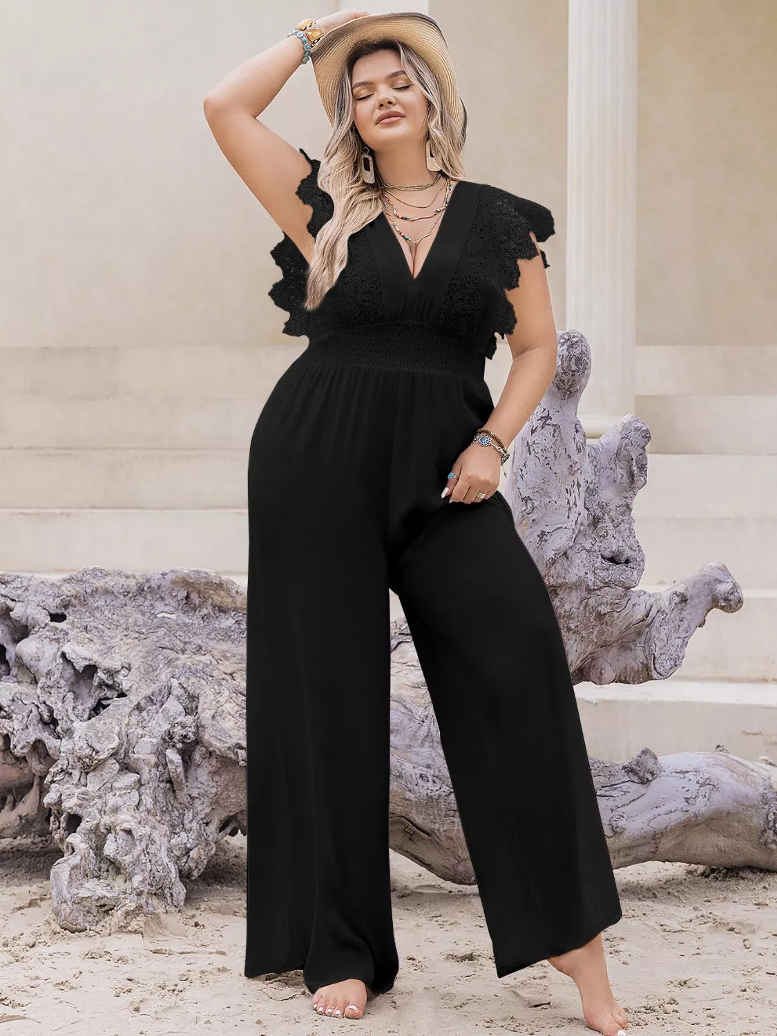 Plus Size Lace Cap Sleeve Wide Leg Jumpsuit STYLE SOURCE