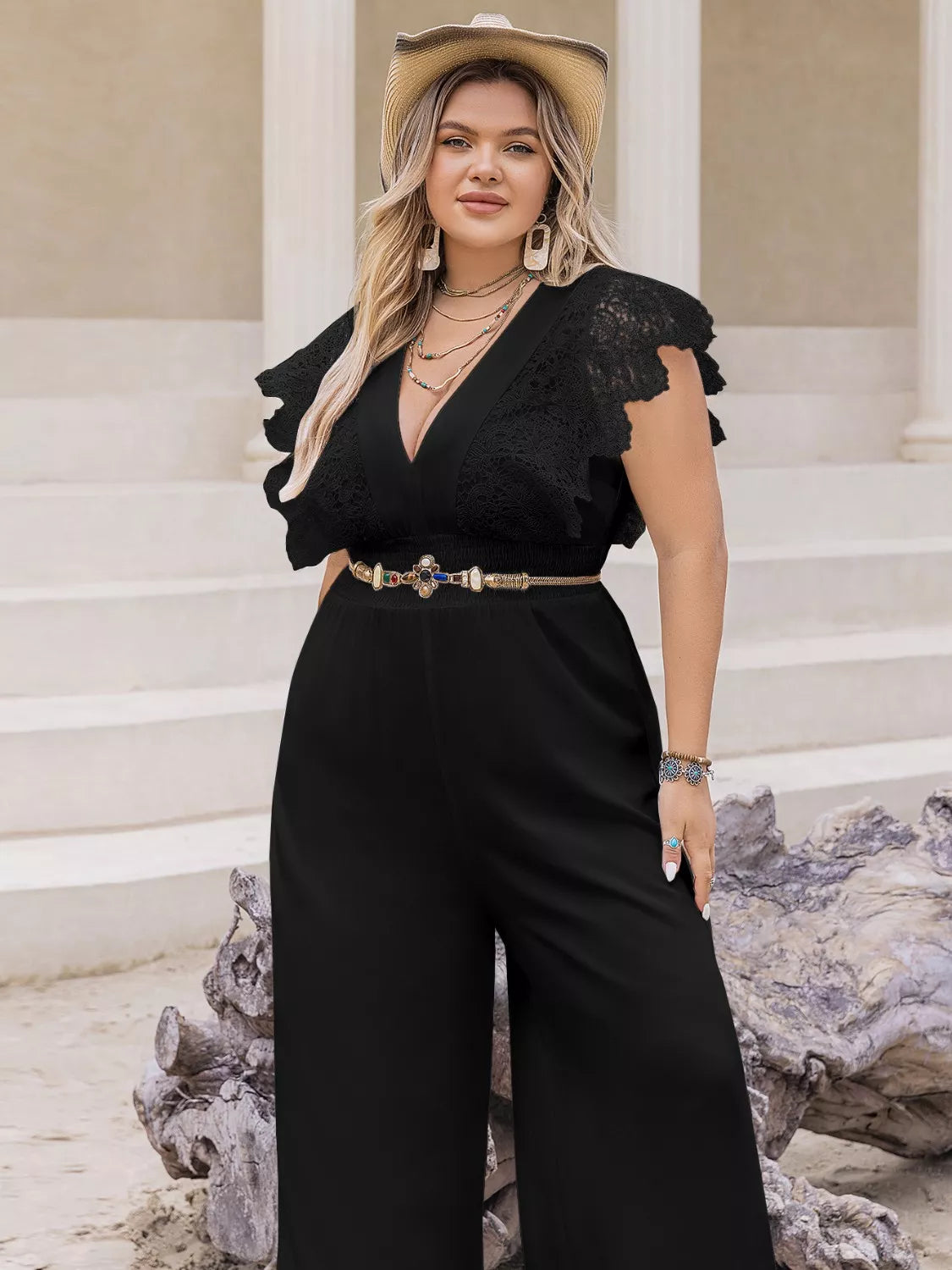 Plus Size Lace Cap Sleeve Wide Leg Jumpsuit STYLE SOURCE