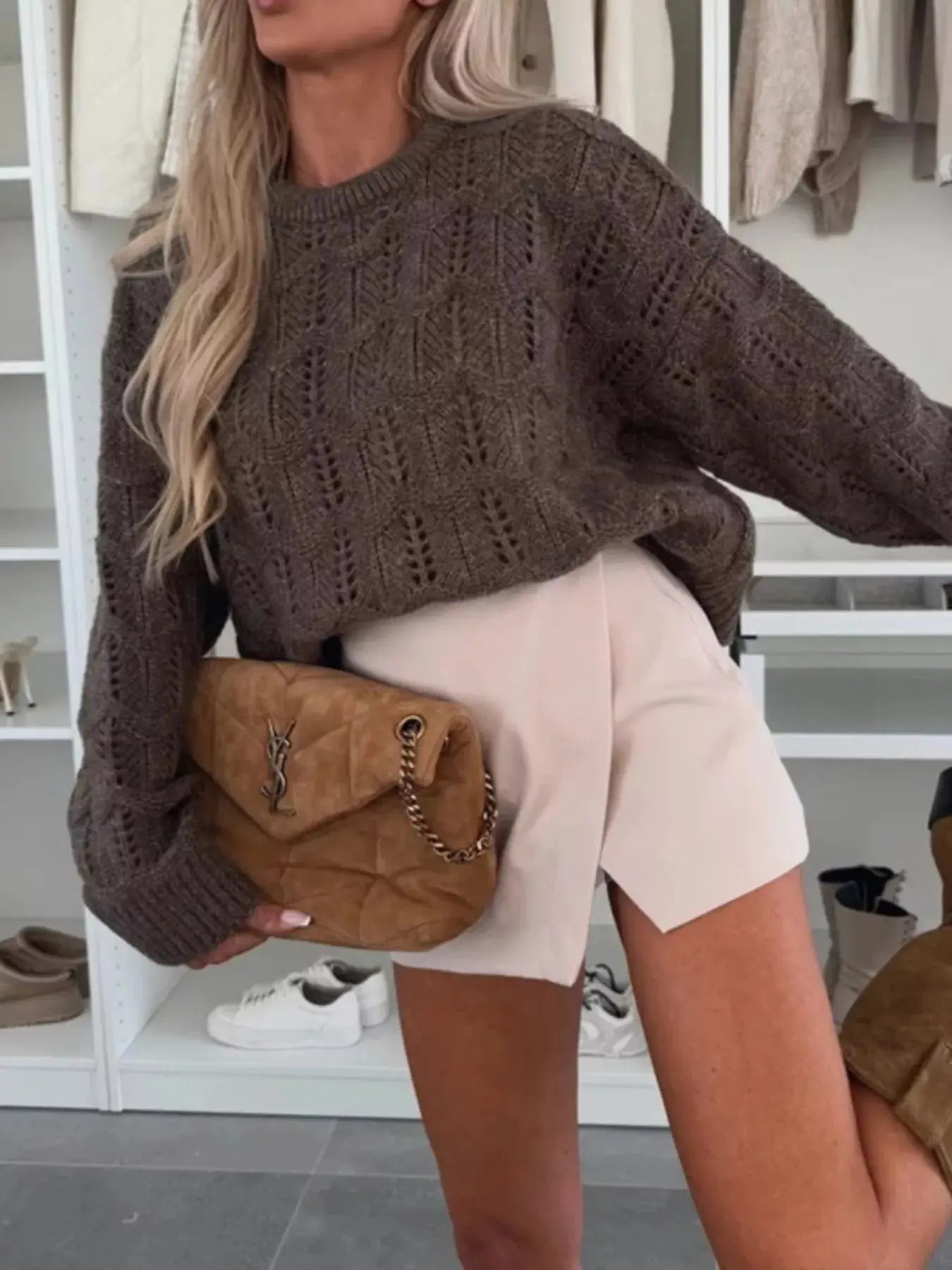 Openwork Round Neck Sweater STYLE SOURCE