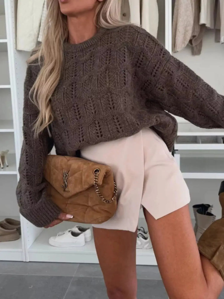 Openwork Round Neck Sweater STYLE SOURCE