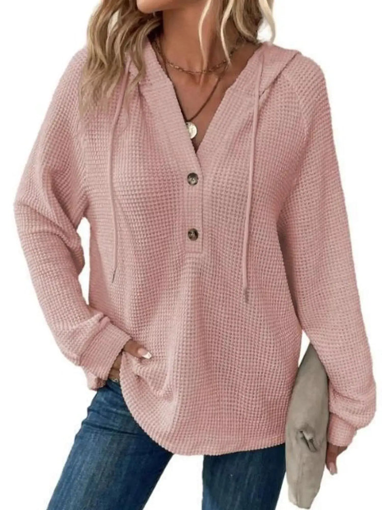 Full Size Button Detail Waffle Knit Hoodie Plus Size STYLE SOURCE