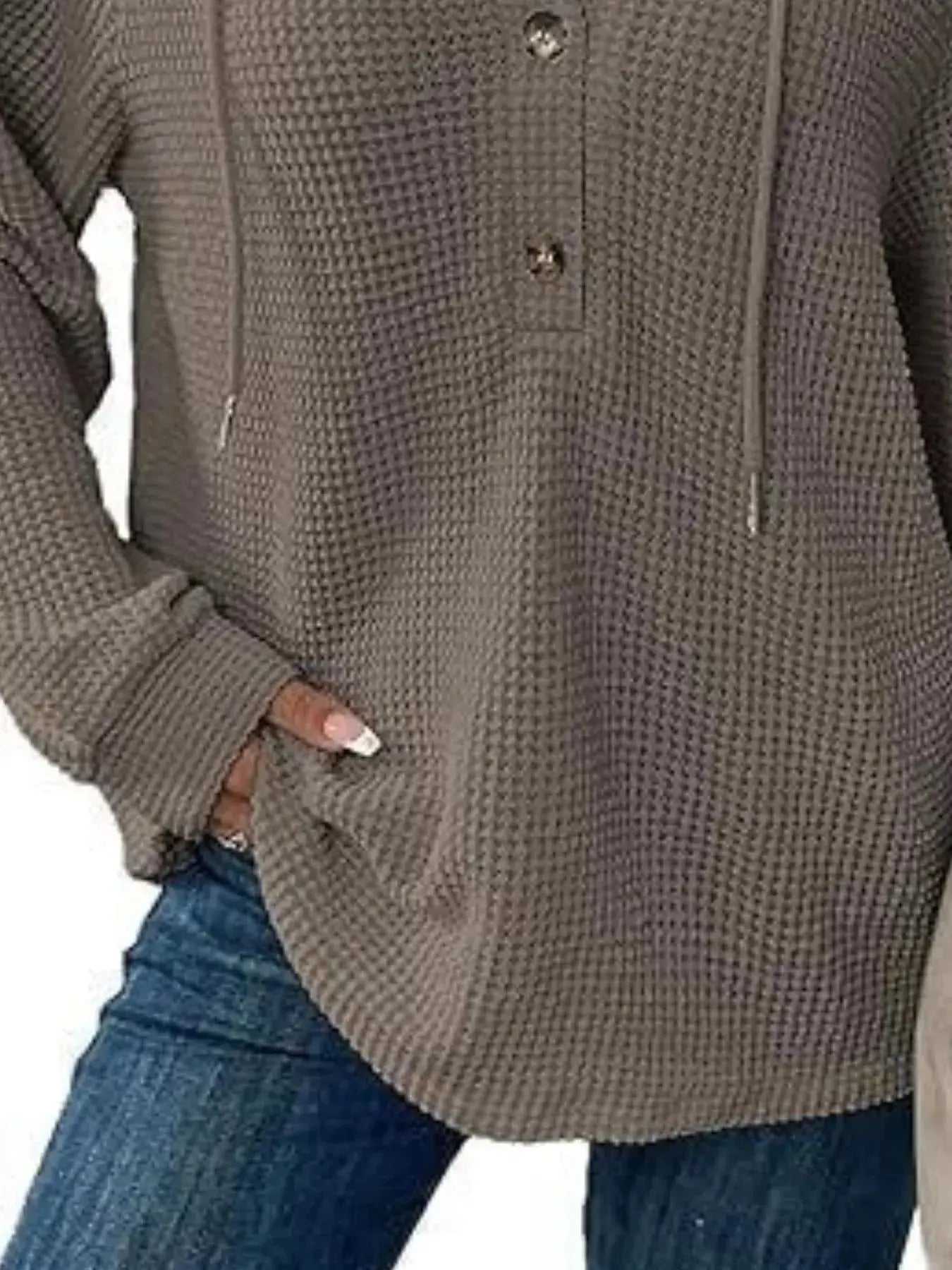 Full Size Button Detail Waffle Knit Hoodie Plus Size STYLE SOURCE