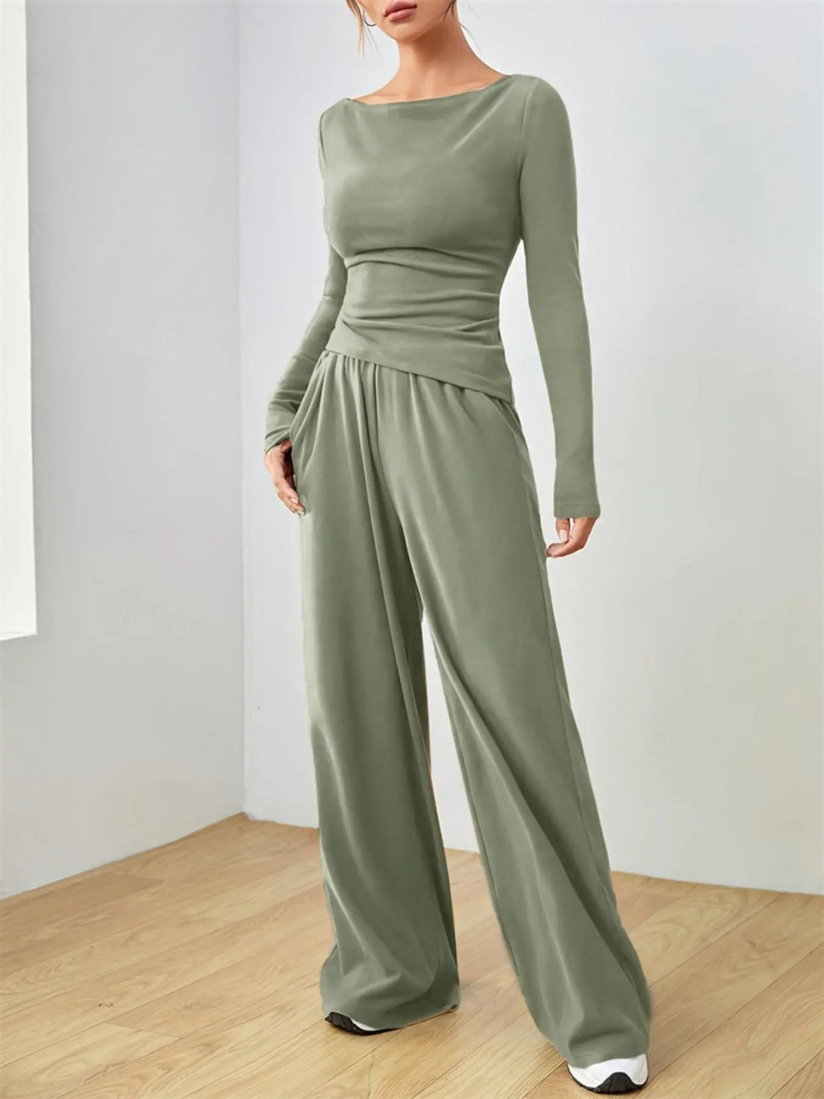 Casual Long Sleeve Top & Wide Leg Pants Set STYLE SOURCE