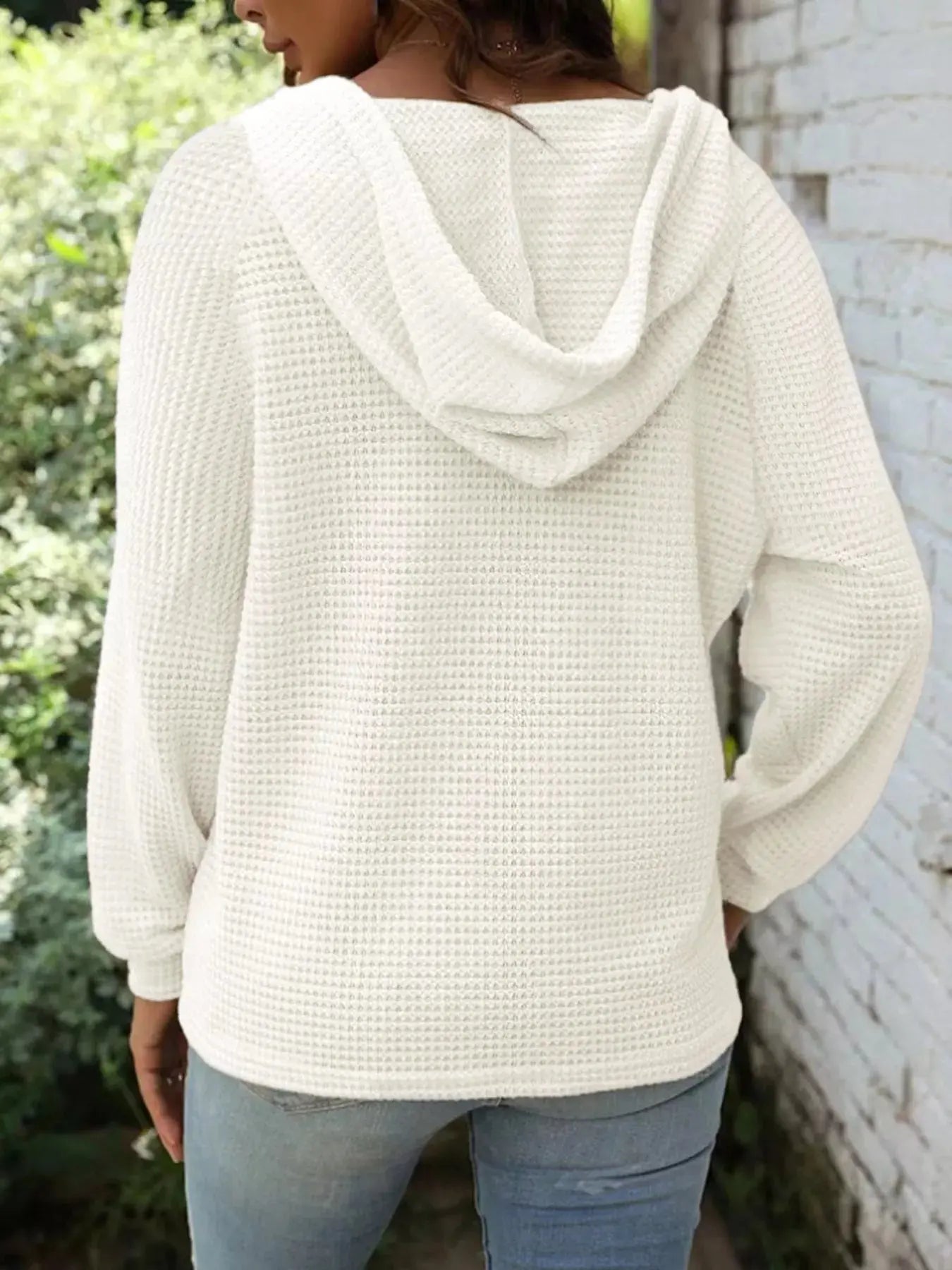 Full Size Button Detail Waffle Knit Hoodie Plus Size STYLE SOURCE