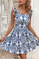 Blue Floral Print Square Neck Sleeveless Mini Dress STYLE SOURCE