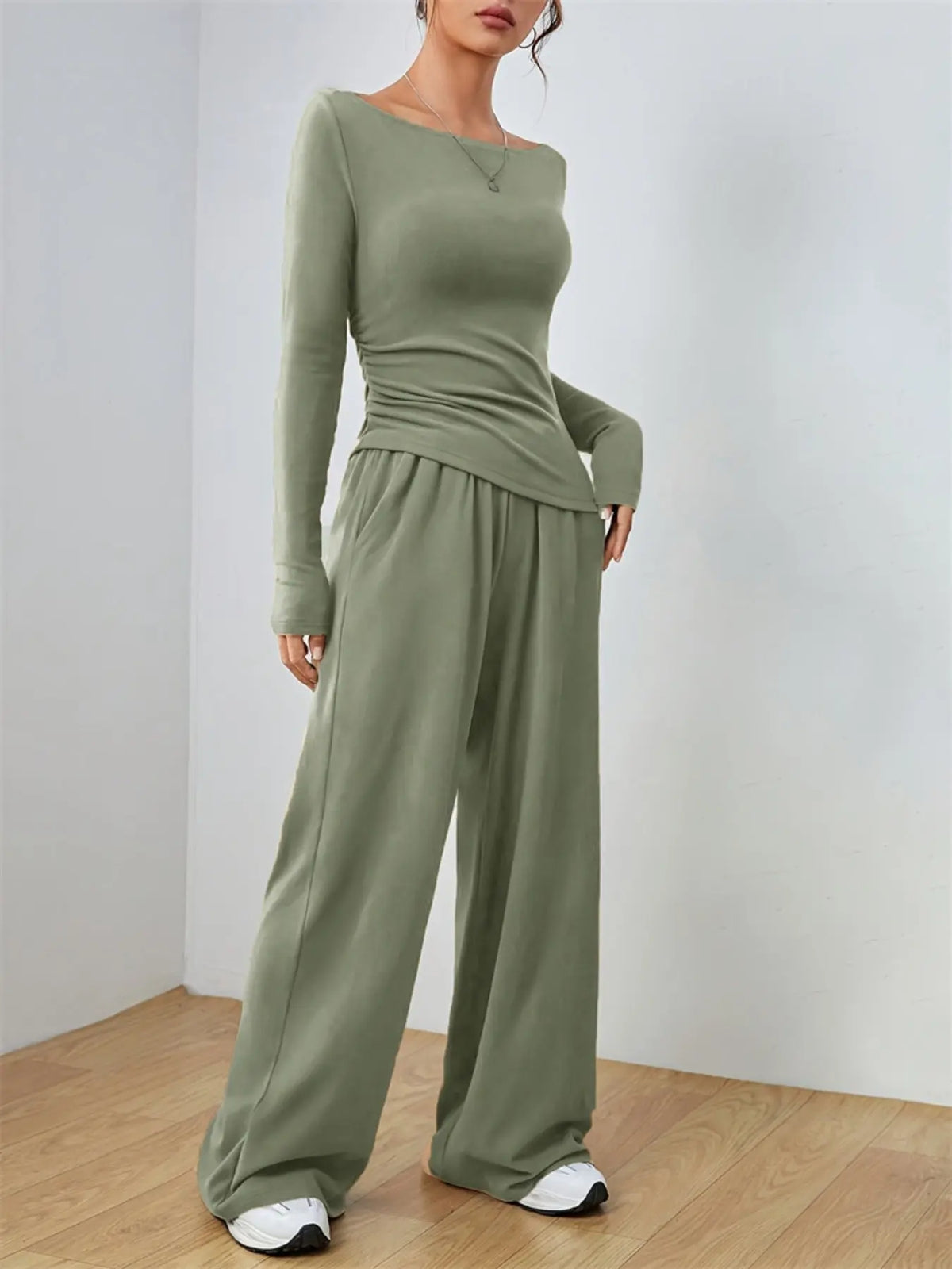 Casual Long Sleeve Top & Wide Leg Pants Set STYLE SOURCE
