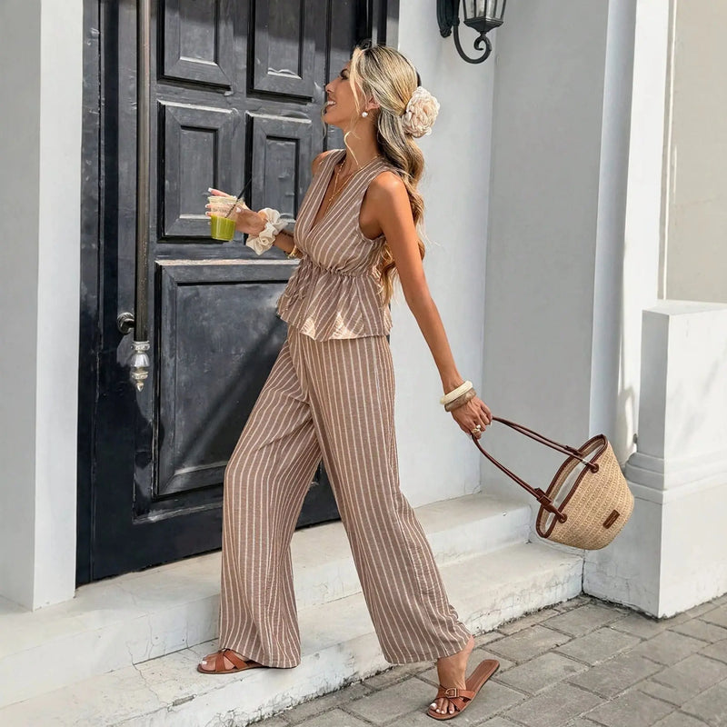 Women's Striped Sleeveless Top & Wide-Leg Pants Two-Piece Set STYLE SOURCE