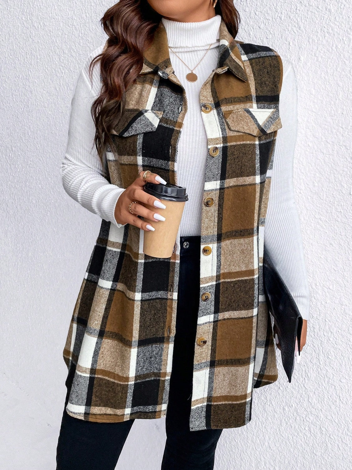 Honey Plus Size Pocketed Plaid Button Up Vest Coat STYLE SOURCE