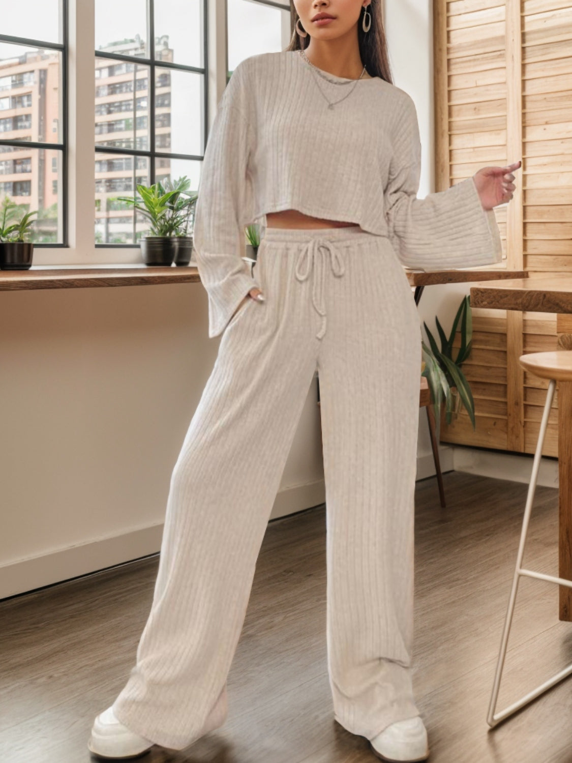 Ribbed Round Neck Top and Drawstring Pants Set STYLE SOURCE