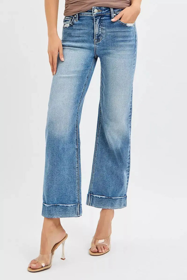 RISEN Full Size Mid Rise Crop Straight Jeans with Taylor Cuffed Plus Size STYLE SOURCE