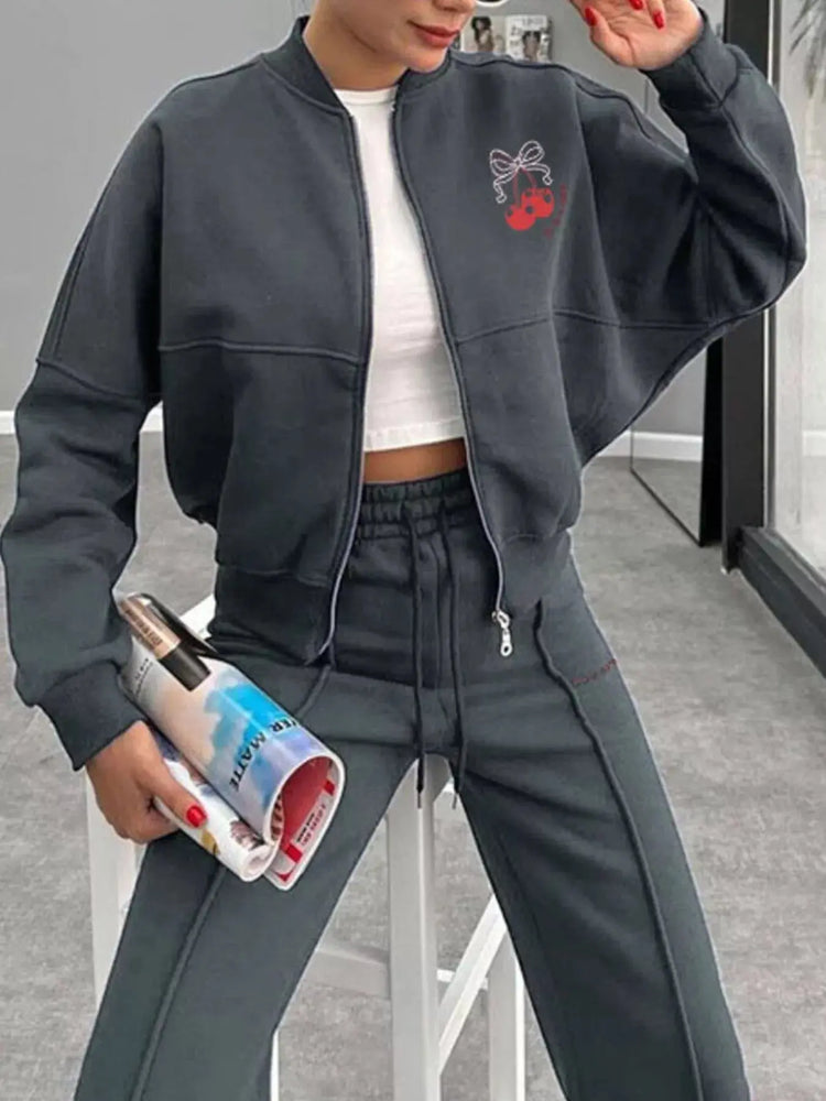 Zip Up Dropped Shoulder Outerwear and Pants Set STYLE SOURCE