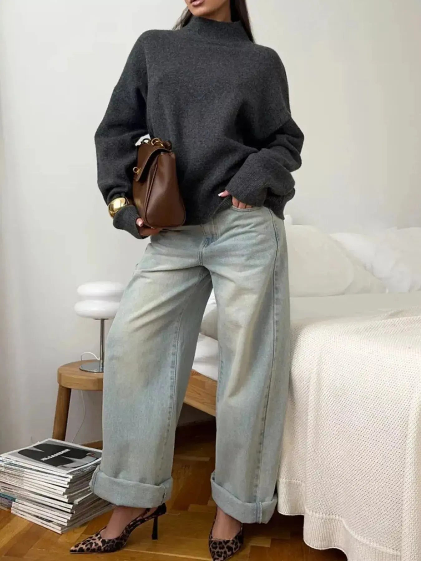 Mock Neck Dropped Shoulder Sweater STYLE SOURCE