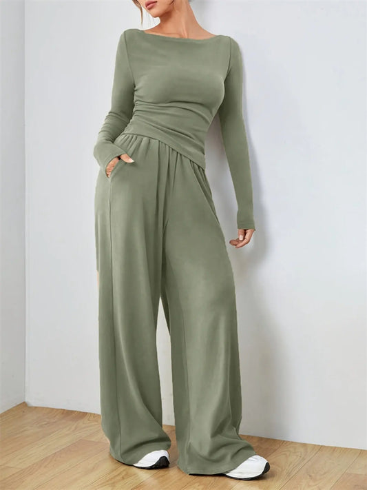 Casual Long Sleeve Top & Wide Leg Pants Set STYLE SOURCE