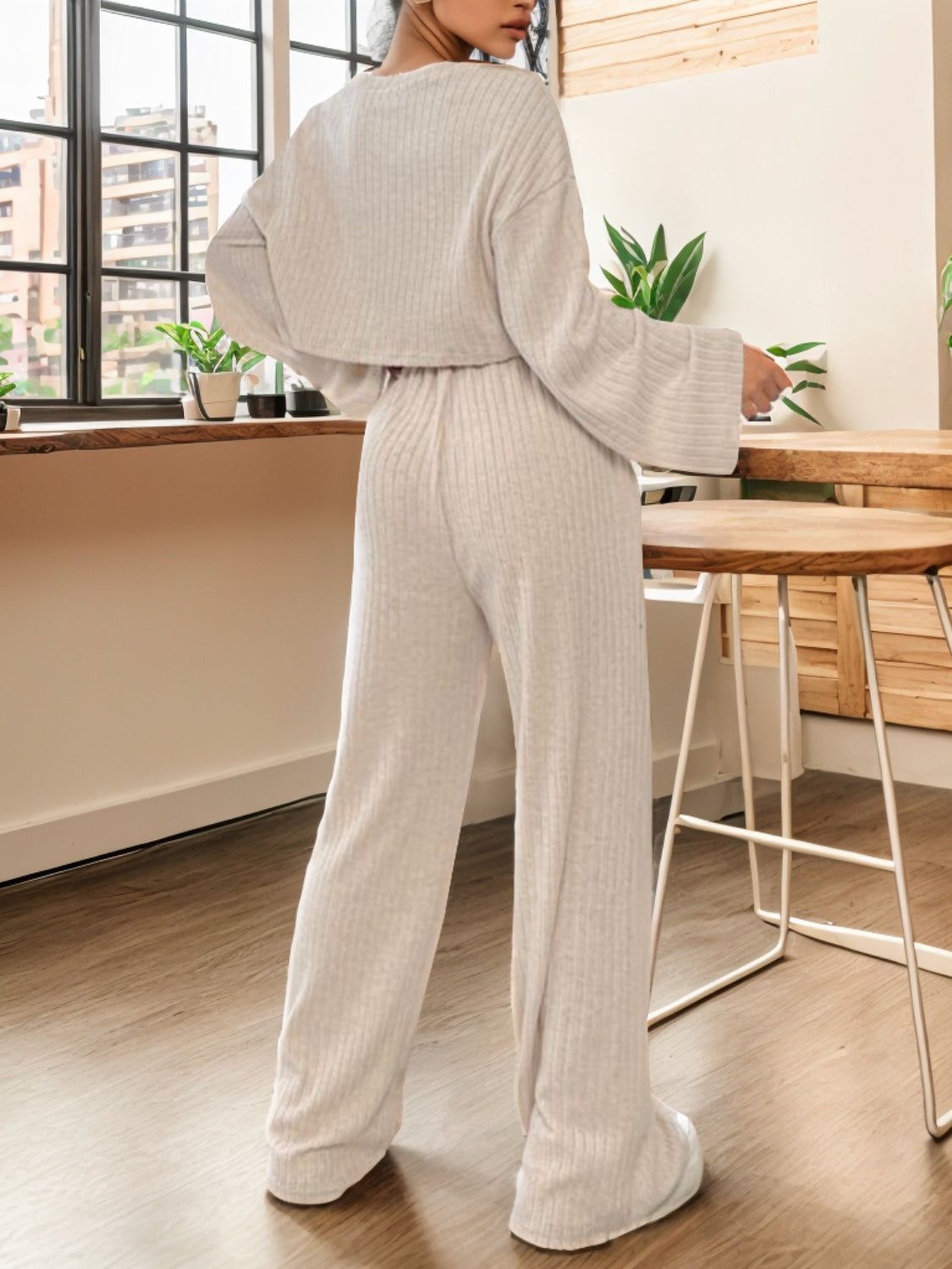 Ribbed Round Neck Top and Drawstring Pants Set STYLE SOURCE