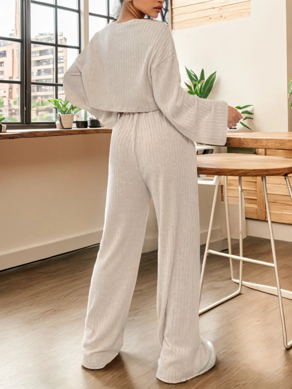 Ribbed Round Neck Top and Drawstring Pants Set STYLE SOURCE