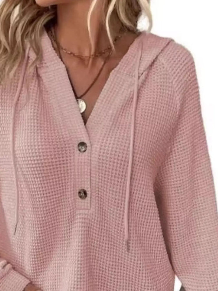 Full Size Button Detail Waffle Knit Hoodie Plus Size STYLE SOURCE