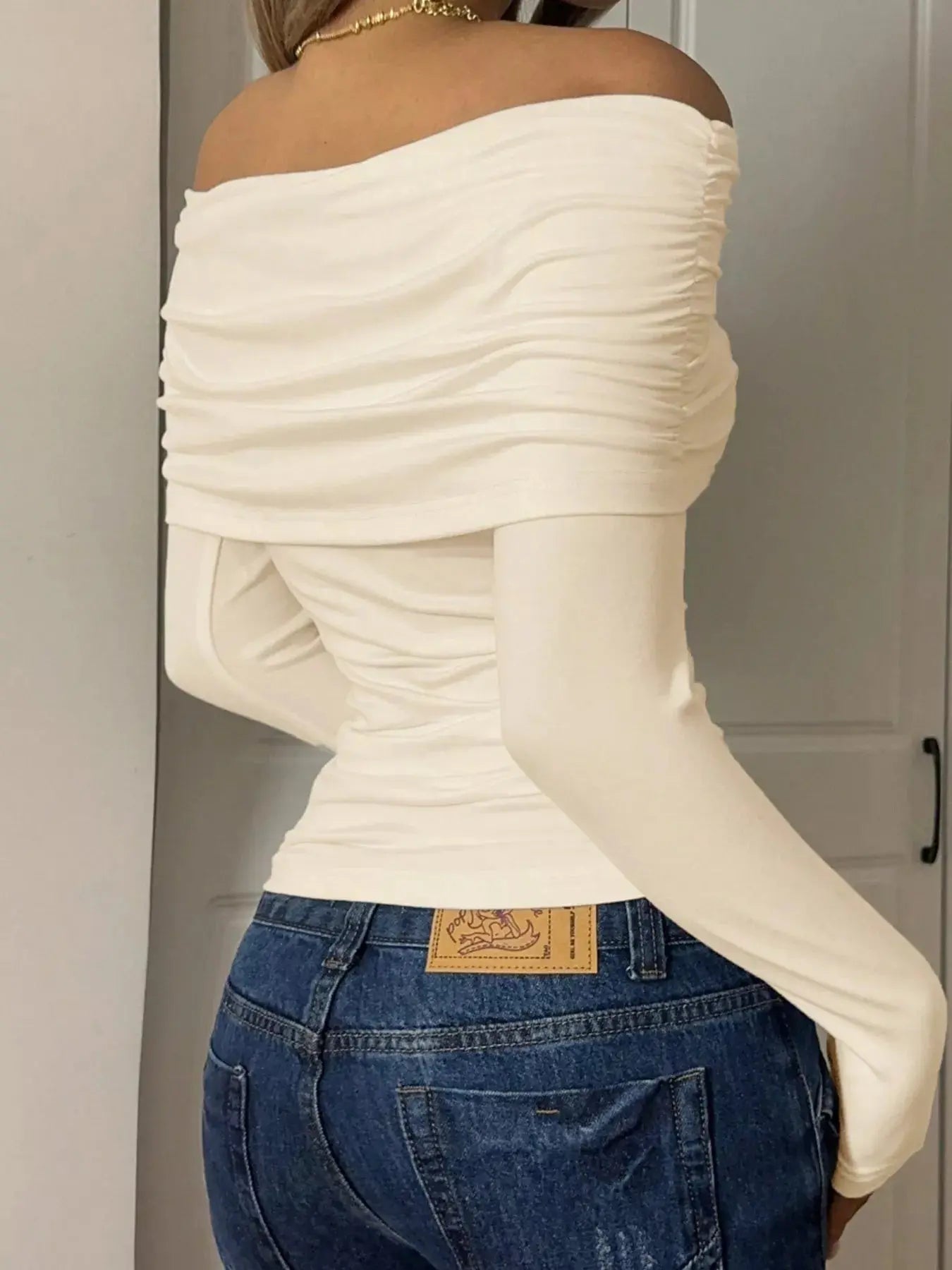 Off-Shoulder Ruched Long Sleeve T-Shirt STYLE SOURCE
