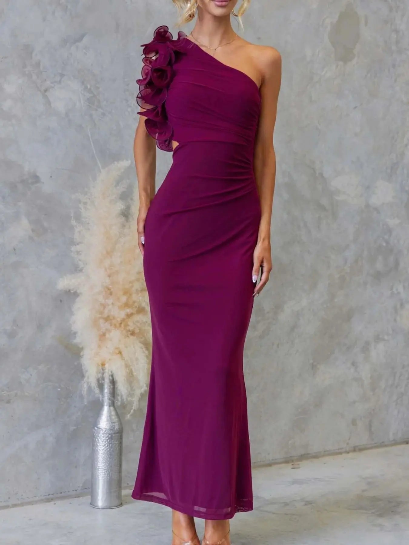 One-Shoulder Floral Trim Sleeveless Maxi Dress STYLE SOURCE