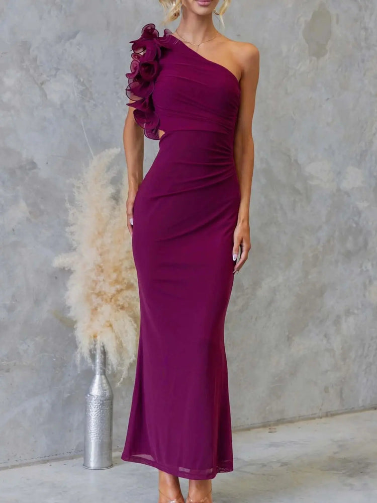 One-Shoulder Floral Trim Sleeveless Maxi Dress STYLE SOURCE