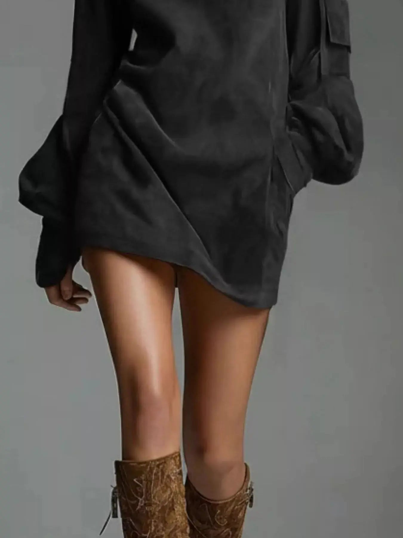 Full Size Suede Turtleneck Lantern Sleeve Mini Dress Plus Size STYLE SOURCE