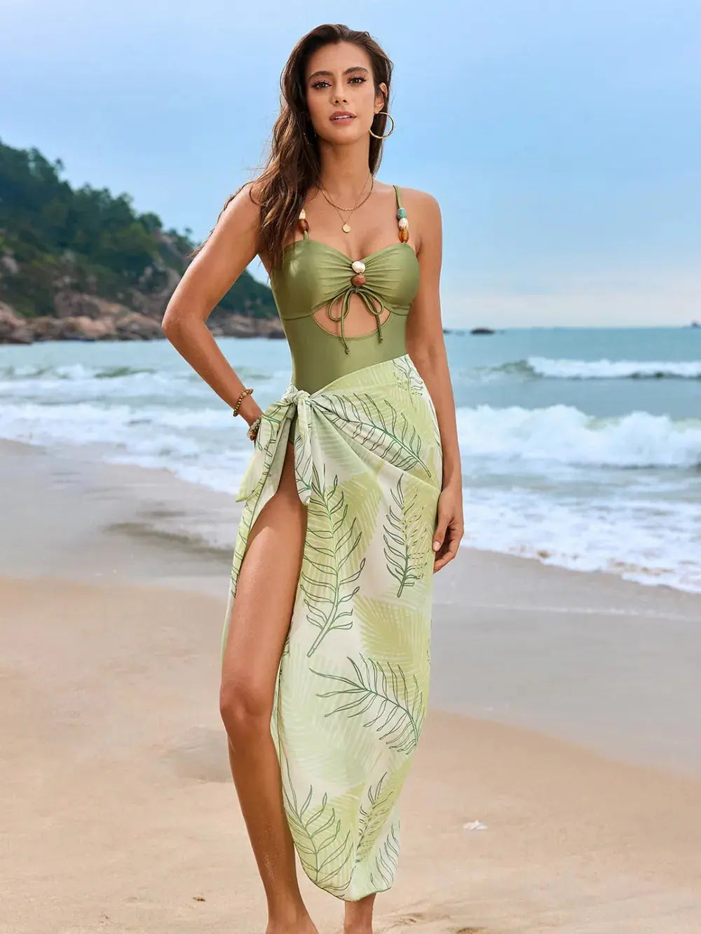 Cutout Sweetheart Neck One-Piece Swimwear and Cover-Up Swim Set STYLE SOURCE