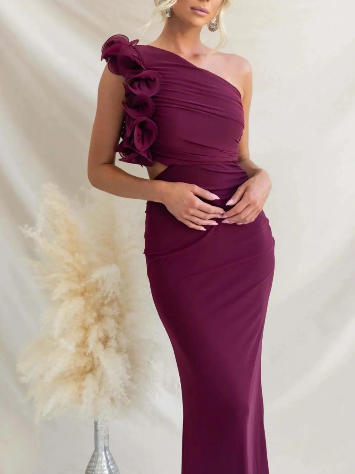 One-Shoulder Floral Trim Sleeveless Maxi Dress STYLE SOURCE