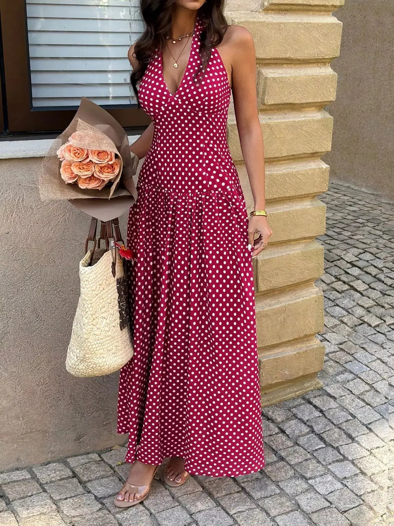 Polka Dot Halter Neck Maxi Dress STYLE SOURCE