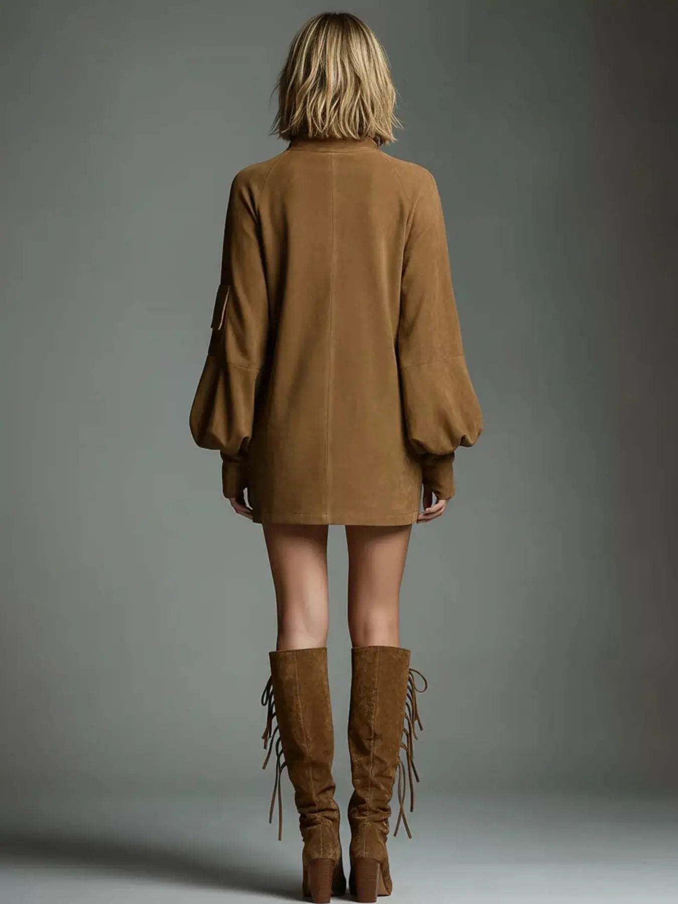 Full Size Suede Turtleneck Lantern Sleeve Mini Dress Plus Size STYLE SOURCE