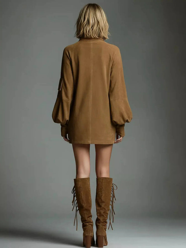 Full Size Suede Turtleneck Lantern Sleeve Mini Dress Plus Size STYLE SOURCE