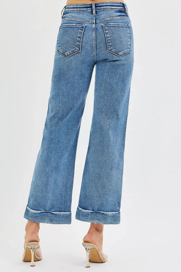RISEN Full Size Mid Rise Crop Straight Jeans with Taylor Cuffed Plus Size STYLE SOURCE