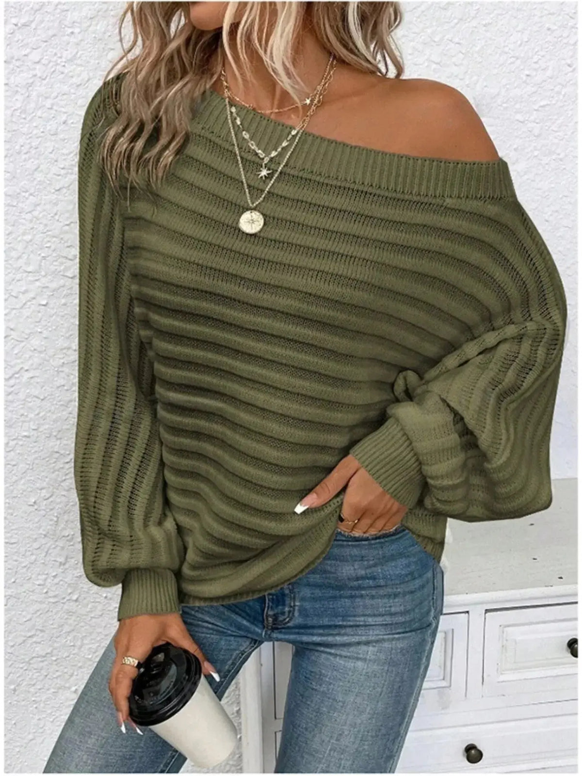 One Shoulder Ribbed Knit Sweater STYLE SOURCE