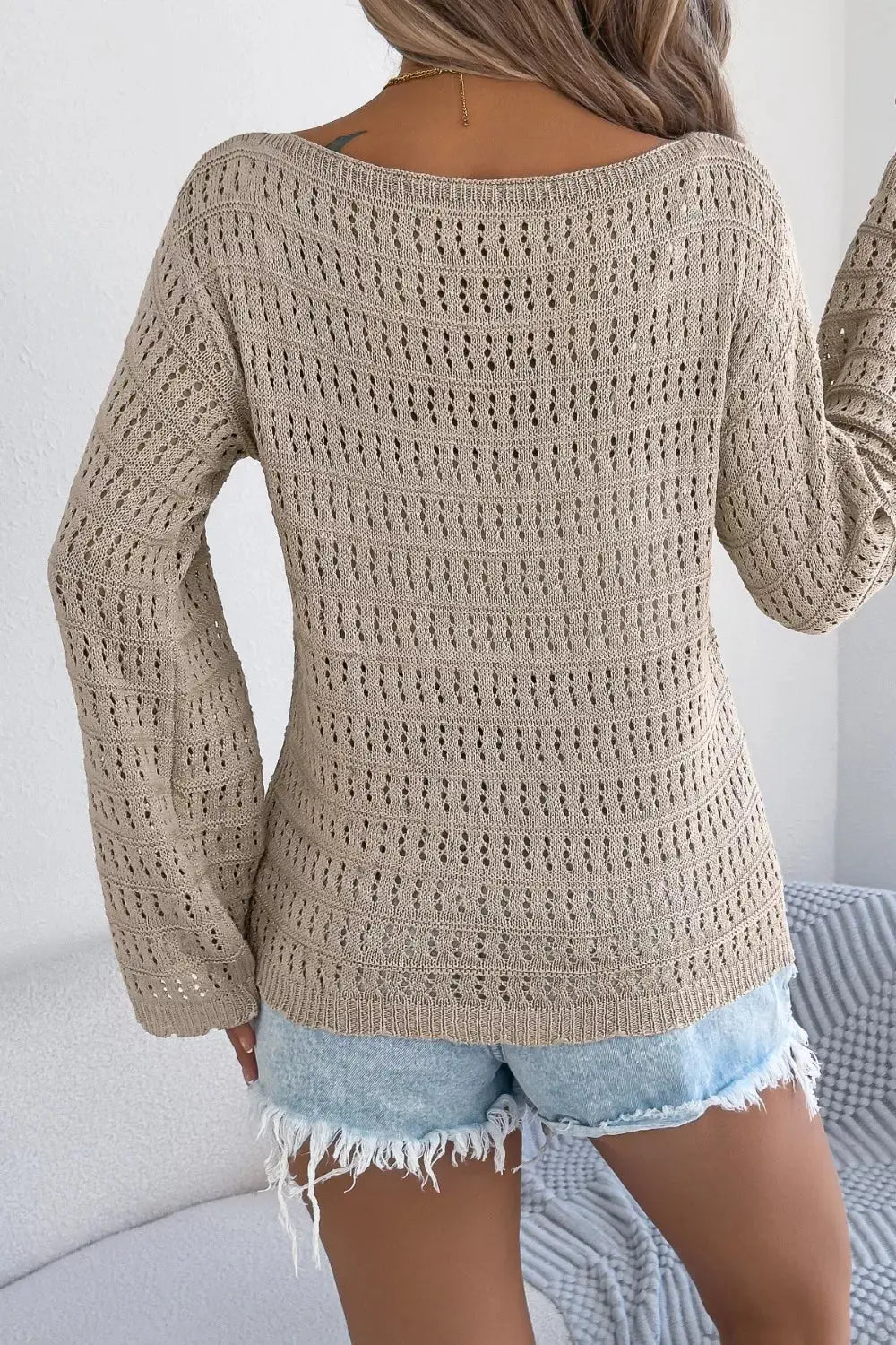 Openwork Boat Neck Knit Cover Up STYLE SOURCE