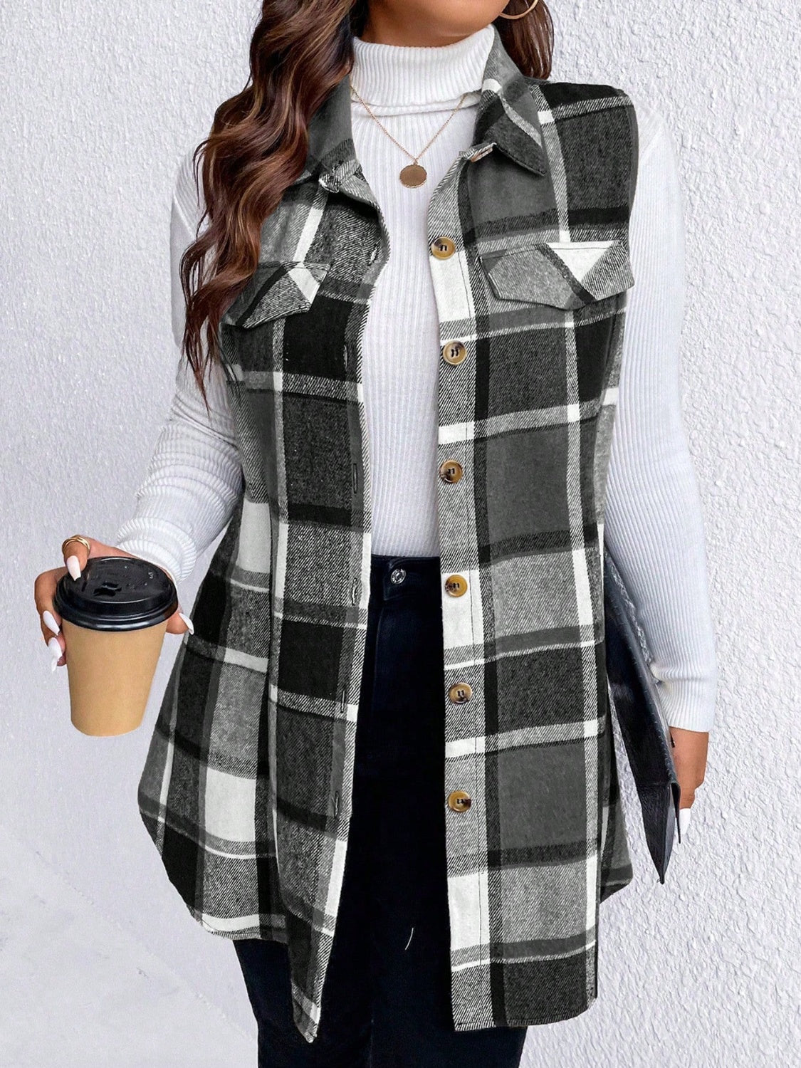 Honey Plus Size Pocketed Plaid Button Up Vest Coat STYLE SOURCE