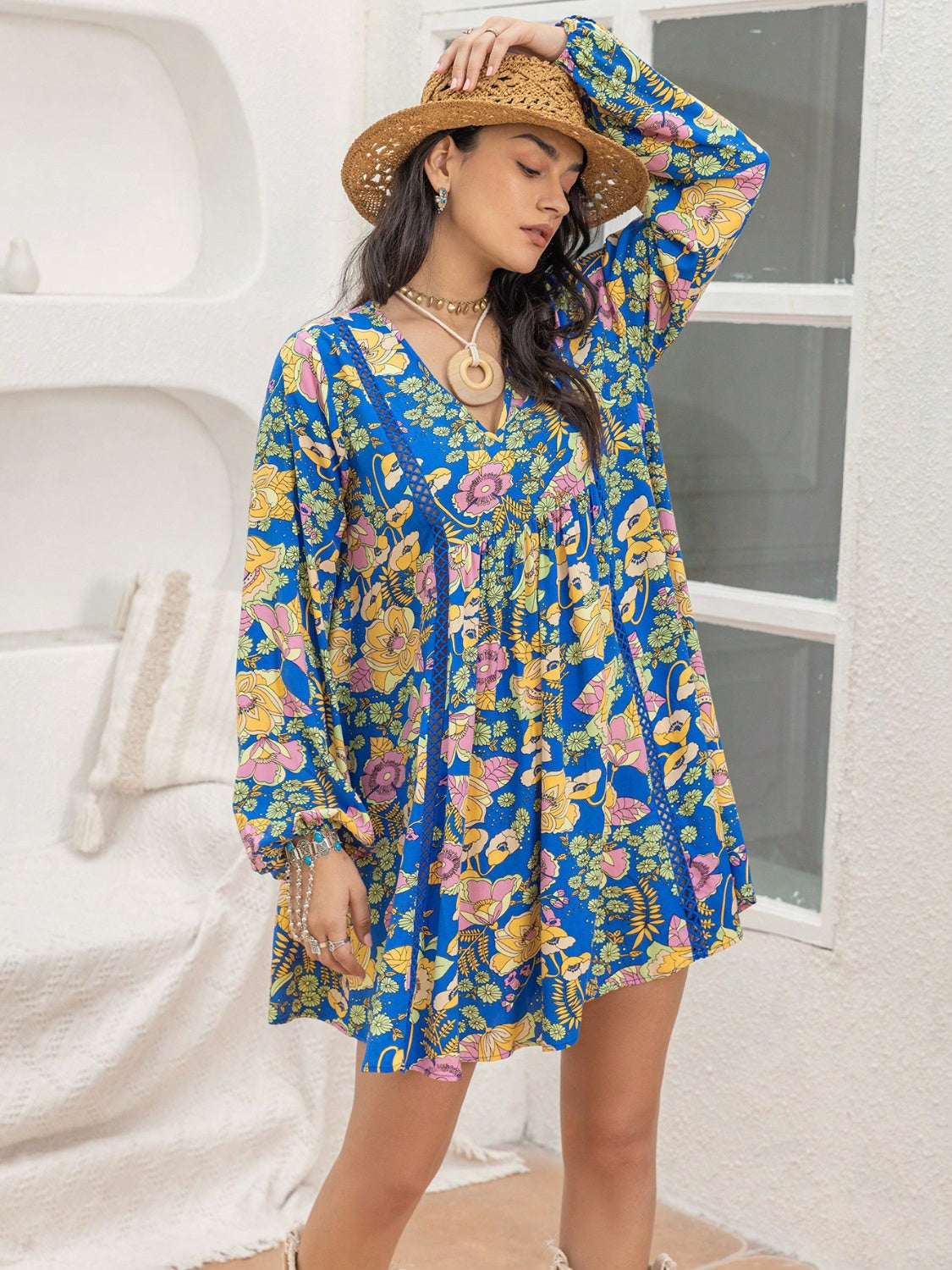 Printed V-Neck Balloon Sleeve Mini Dress STYLE SOURCE